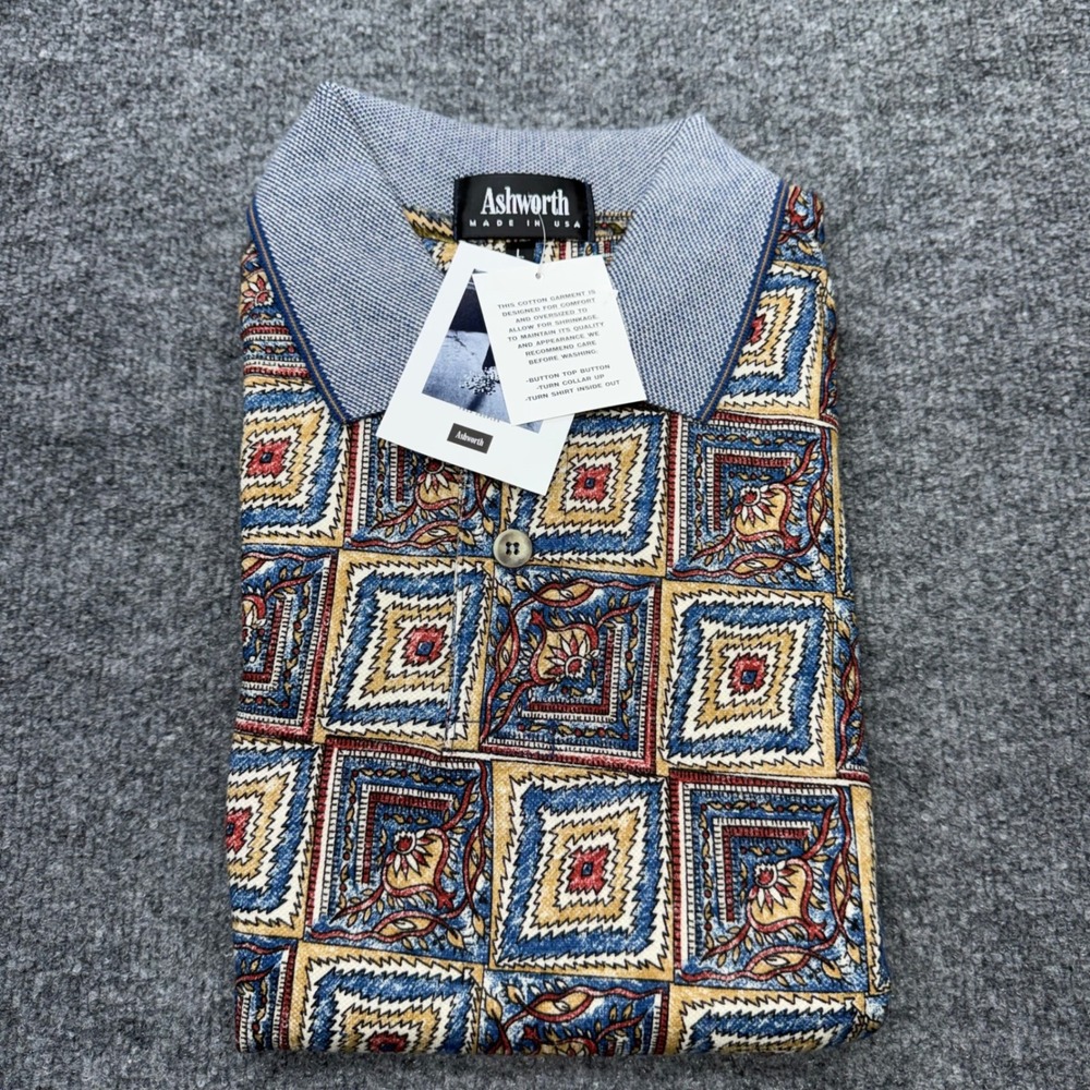 Ashworth Men Vintage Geometric Floral Golf Polo Shirt Blue Tan Made in USA L NWT
